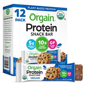Orgain Organic Vegan Protein Bars, Chocolate Chip Cookie Dough - 10g Plant Based Protein, Low Calorie Healthy Snacks, No Lactose or Soy Ingredients, Gluten Free, Non-GMO - 1.41 Oz (Pack of 12)