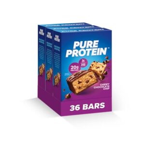 Pure Protein Bars, High Protein, Nutritious Snacks to Support Energy, Low Sugar, Gluten Free, Chewy Chocolate Chip, Pack of 36