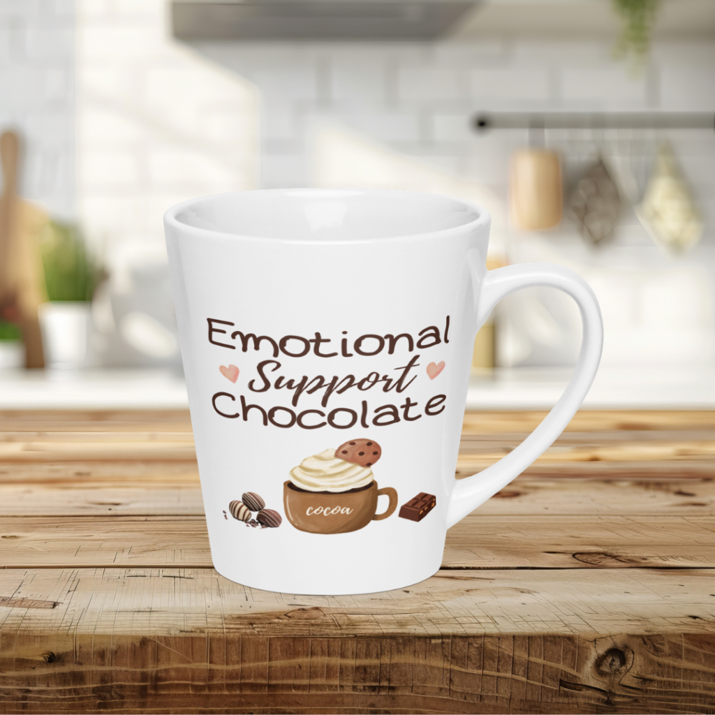Emotional Support Chocolate cafe mug white on kitchen counter